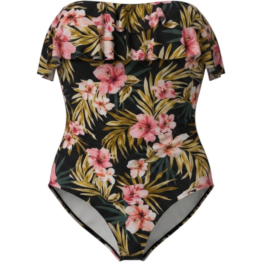 Kona Sol Womens 18W Tropical Floral Ruffle Bandeau One Piece Swimsuit Black Pink - Picture 2 of 7